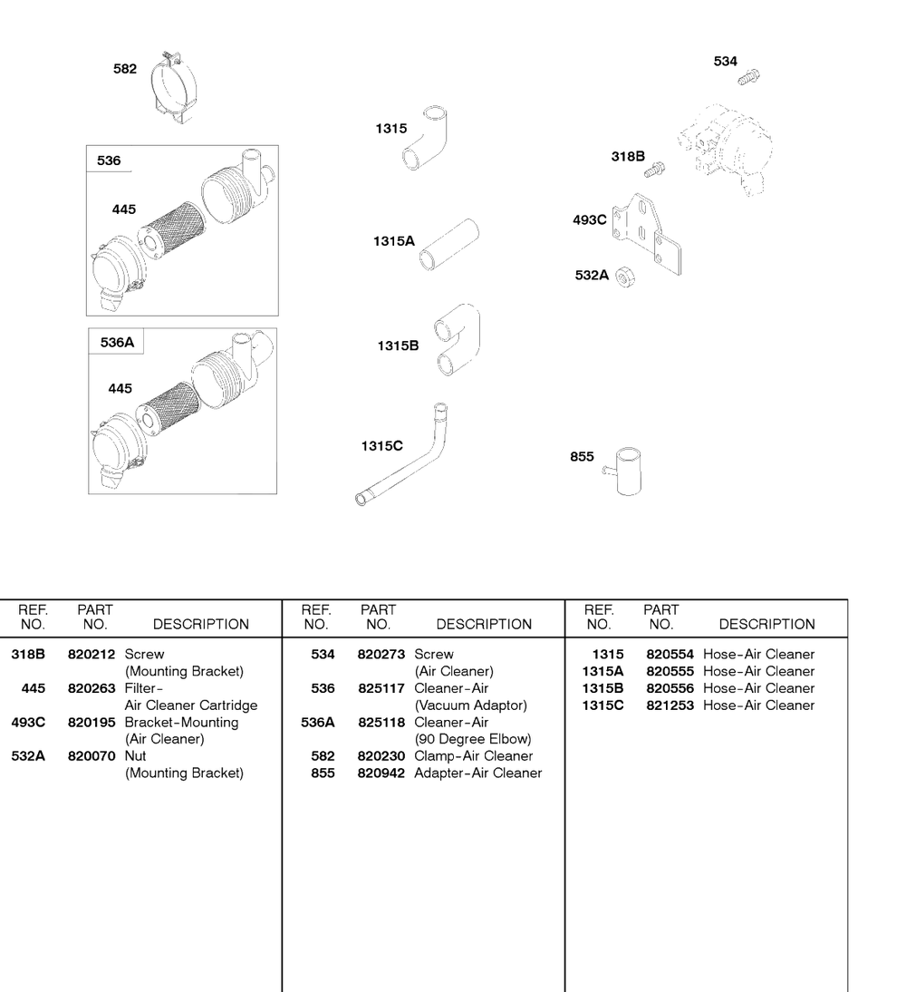 Air Cleaner, Air Cleaner Hose Diagram and Parts List for 58A447-0234-XX  Briggs and Stratton Engine